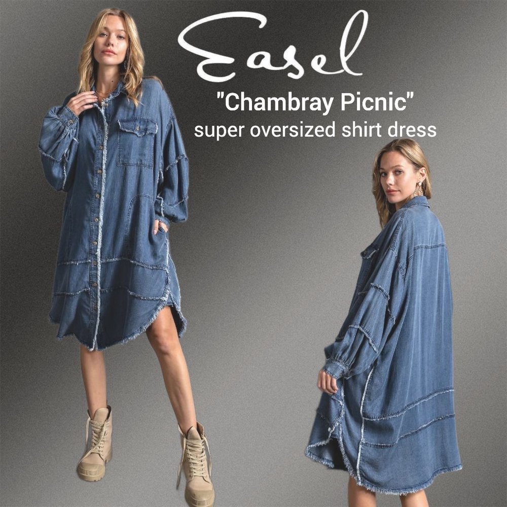 EASEL Ultra Oversized Shirt Dress-Distressed & Unique Details, Statement Sleeves